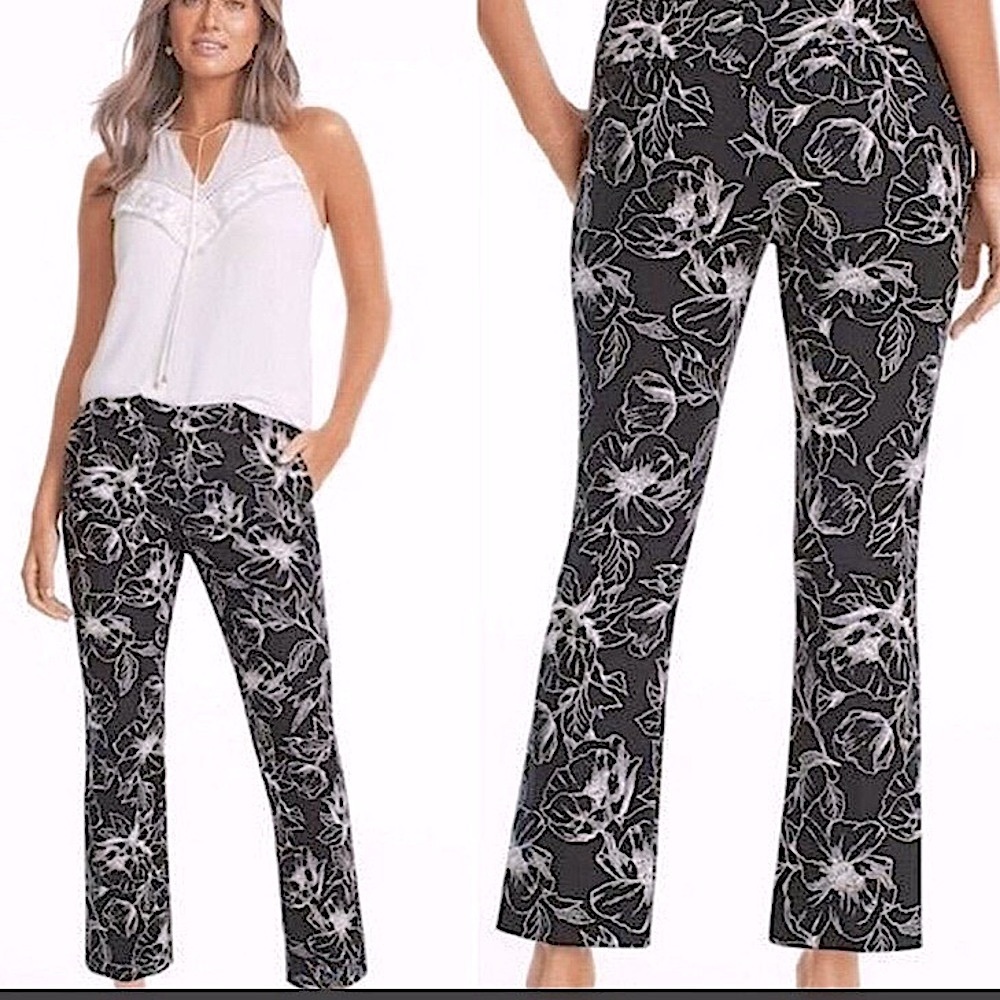 White House Black Market black and white botanical print flare crop pant